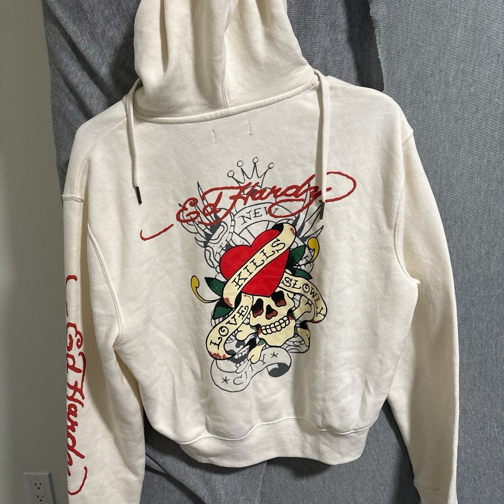 Ed Hardy Cream Zip-Up Hoodie with Red Heart & Skull Graphic